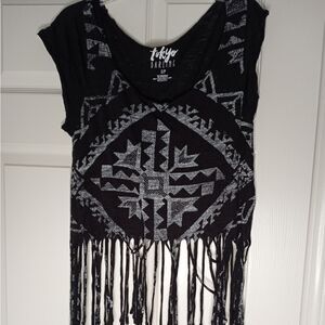 Tokyo Darling Fringed Crop Top Black Boho Shortsleeves Size Small/Petite